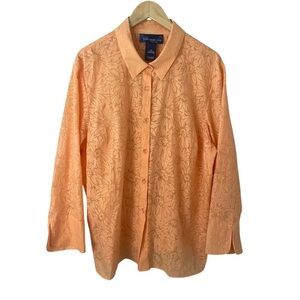 Susan Graver Floral Burnout Top Orange Button Front Career Office Plus 2X